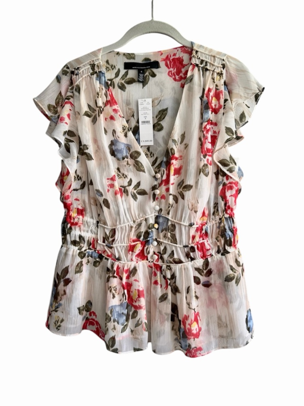 NEW WHBM Flutter Sleeve Blouse Cinched Waist Detail Floral White Pink Size S - Picture 13 of 14